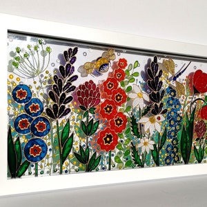 Meadow 17"x9" Wild flowers 3D Glass painting Painted glass Glass art Sun catcher Stained glass Window art Modern art Botanical