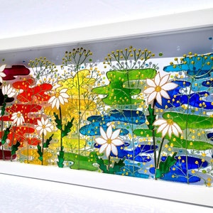 Meadow 17"x9" Wildflowers 3D Glass painting Painted glass Glass art Sun catcher Stained glass Window decor Wall decor Modern art Botanical