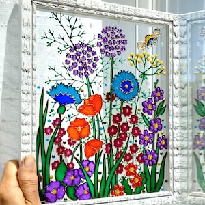 Wildflower Glass Painting: 3D Suncatcher, Colorful Window Hanging (11&quot;x9&quot;)