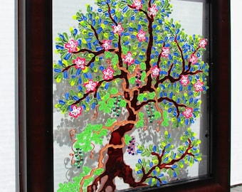 Tree of Life Glass Painting: Bohemian Wall Decor (17"x14")