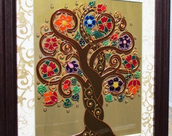 生命の樹ガラス絵画：3Dボヘミアンサンキャッチャー（15インチ×12