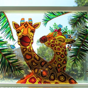 Giraffe love 3D Glass painting Wall decor Sun catcher Stained glass Original art Framed art Giraffe decor Love art Wedding gift image 3