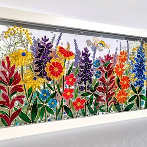 Texas Wildflowers 3D Glass painting Stained glass Sun catcher Window decor Modern art Glass art Landscape Colorful painting Bee