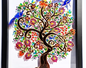 3D Tree of Life Glass Painting: Bohemian Suncatcher Window Hanging (15&quot;x12&quot;)