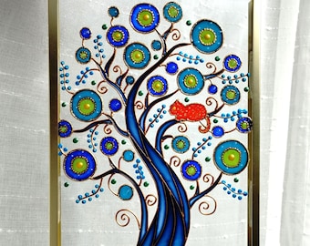 Tree & Cat art 8" x 6" Suncatcher 3D Glass painting Stained glass Window hanging Wall hanging Wildflowers art Painted window