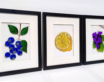 Set of three 11x9 each Glass painting Painted glass Wall hanging Original painting Small painting Grape Blueberry Lemon Art