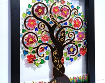 生命の樹のガラス絵：ボヘミアン風ステンドグラスアート - Etsy 日本