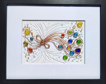 Handbemaltes abstraktes Glaskunstwerk, Libellen-Sonnenfänger, Kreise in Juwelentönen, gerahmt 11"x9"