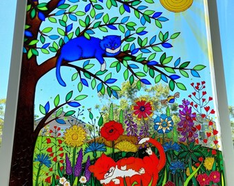 猫と花の3Dガラス絵画：ステンドグラス窓用吊り下げ（21インチ×17