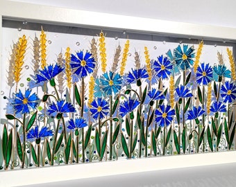 Cornflowers Glass Painting: 3D Wildflower Suncatcher, Colorful Landscape Art