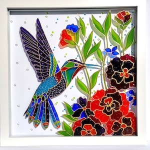Hummingbird Glass Painting: 3D Bohemian Floral Window Decor (13x13)