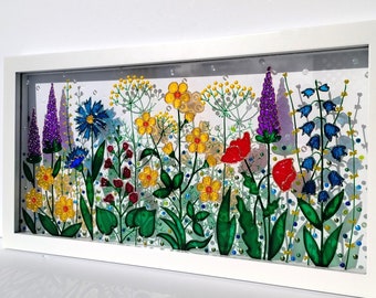 Wildflowers 17"x9" 3D Glass painting Stained glass Sun catcher Window art Modern art Glass art Landscape Colorful painting 3D painting