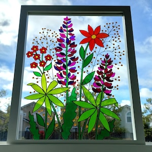 Lupine Glass Painting: 3D Garden Flowers Art, Window Decor (15"x12")