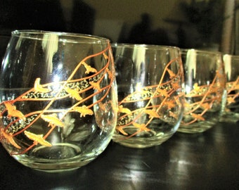 Stemless goblets Set of 4 Hand painted glasses Gold birds Gift for him Gift for her Capacity 15 oz each Glass-ware