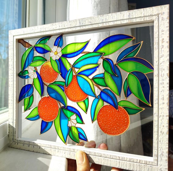 Orange Branch Stained Glass Suncatcher: Colorful Window Hanging