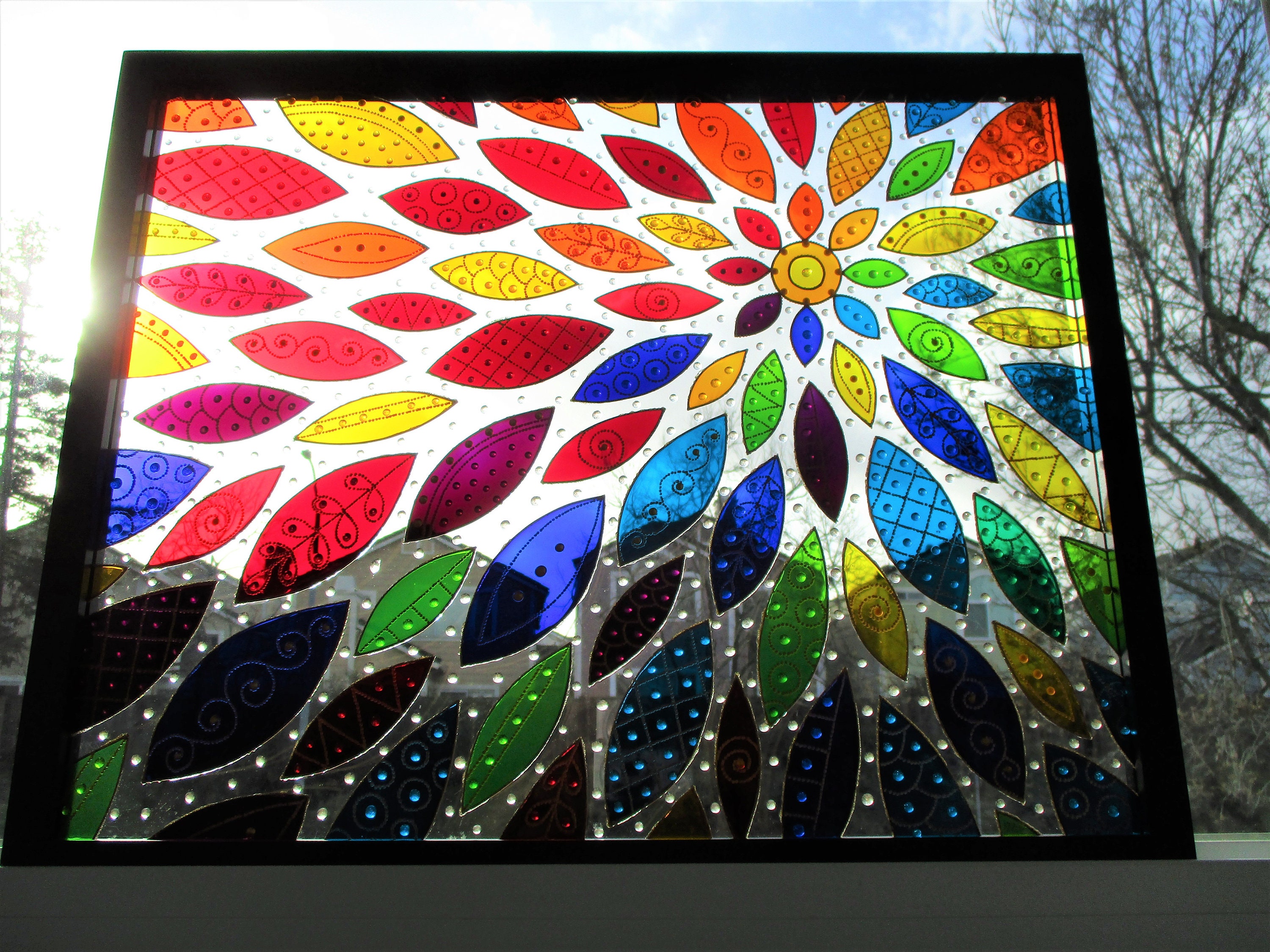 抽象的な花のガラス絵画：3Dステンドグラスアート、虹色（21インチ×17