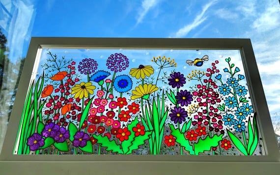 絵画 カラフルフラワー カラフルインテリア　テクスチャーアート 花柄 花の絵 ワイルドフラワーガラス絵画：カラフルな花のサンキャッチャー