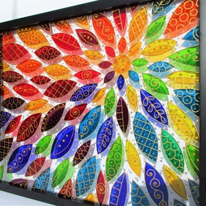 Abstracte bloemglasschildering: 3D-gebrandschilderd glas, regenboogkleuren (21 x 17 inch)