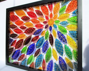 Abstract Flower Glass Painting: 3D Stained Glass Art, Rainbow Colors (21"x17")