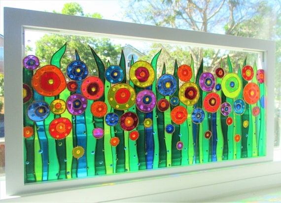Wildflowers 11x9 Glass Painting Sun Catcher Stained Glass Glass Art Modern  Painting Original Painting Window Hanging 