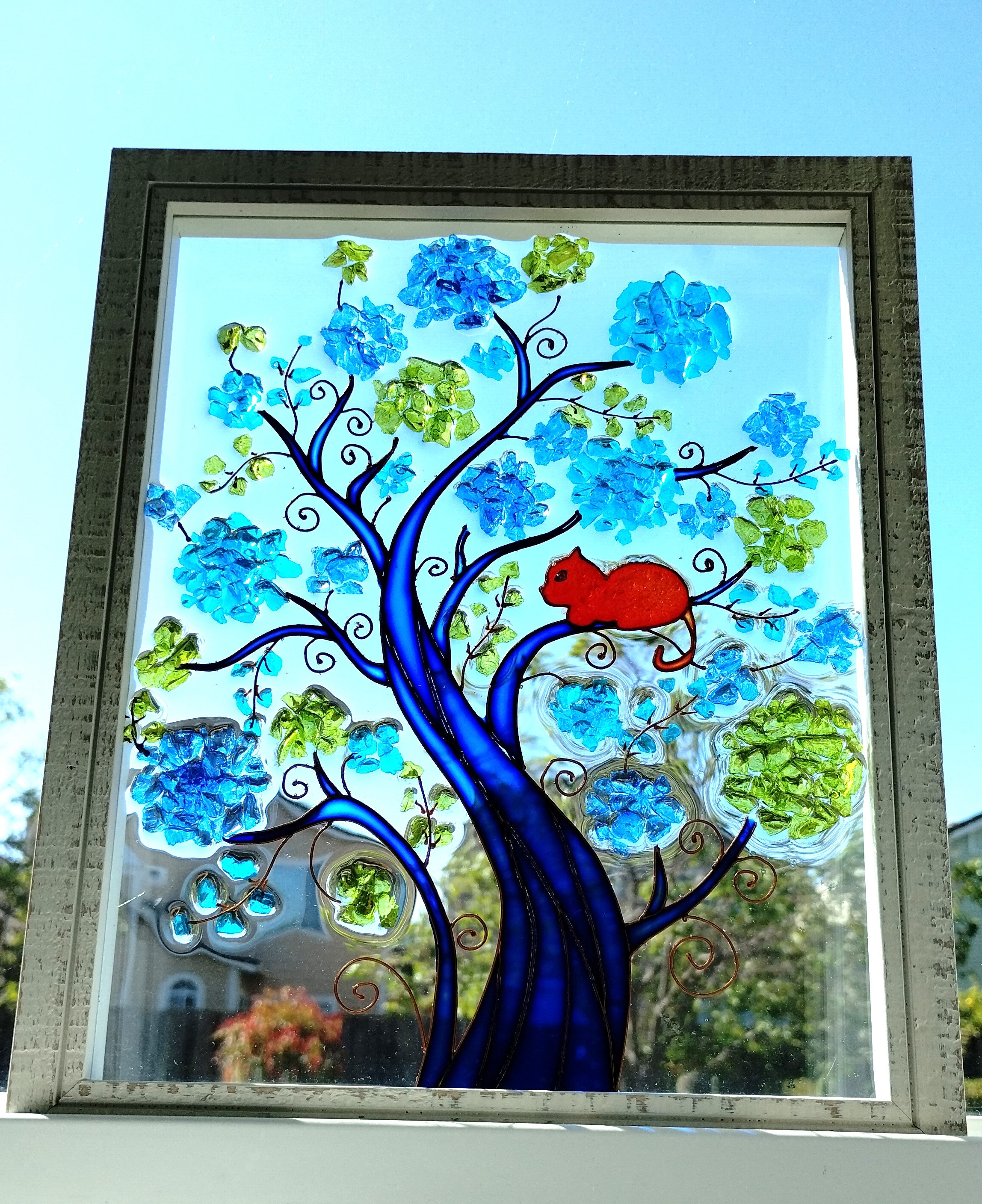 Whimsical Tree 11x9 Crushed Glass Resin Art Sun Catcher