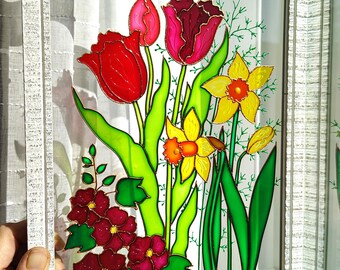 花の絵　抽象画　インテリア雑貨　アクリル画　チューリップ　BAEZ3 チューリップのガラス絵画：3Dガーデンフラワーサンキャッチャー（11