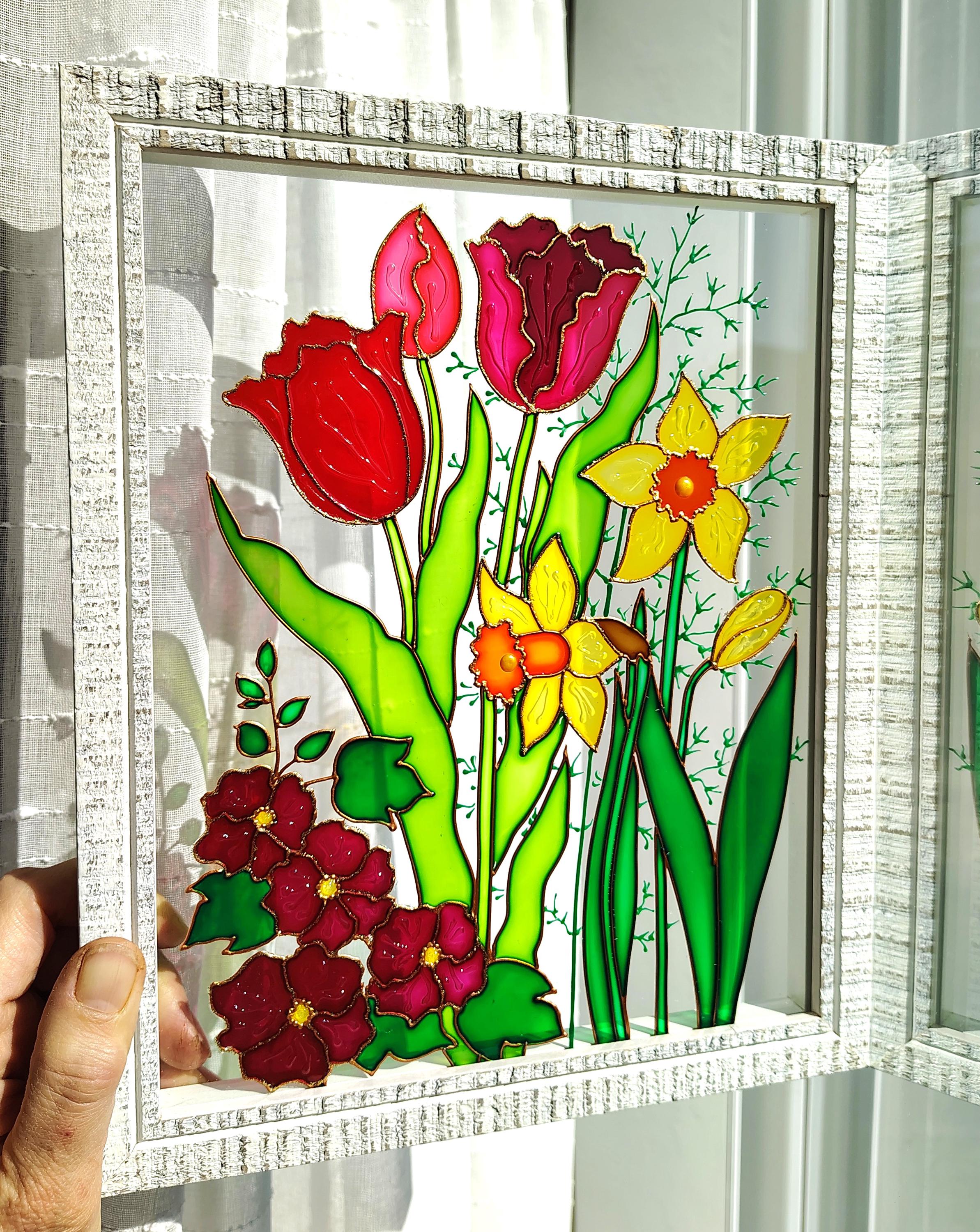 チューリップのガラス絵画：3Dガーデンフラワーサンキャッチャー（11