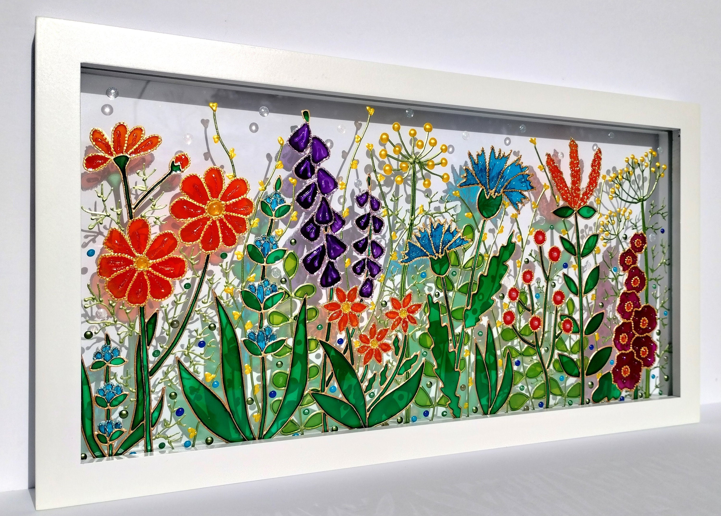 ワイルドフラワーの3Dガラス絵画：カラフルなサンキャッチャー窓