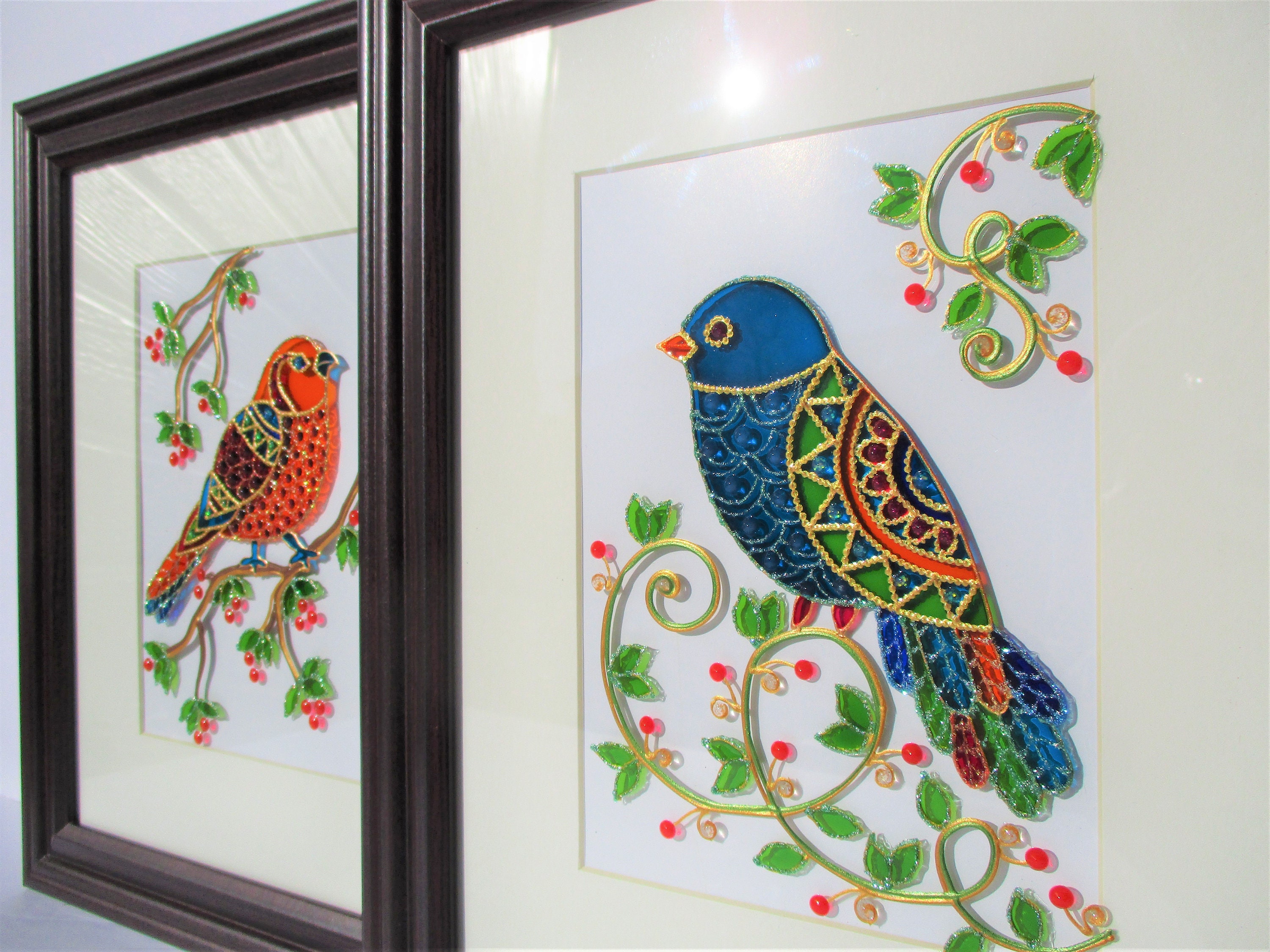 Bird Art Glass Painting Wall Decor Blue Bird Orange Bird Etsy