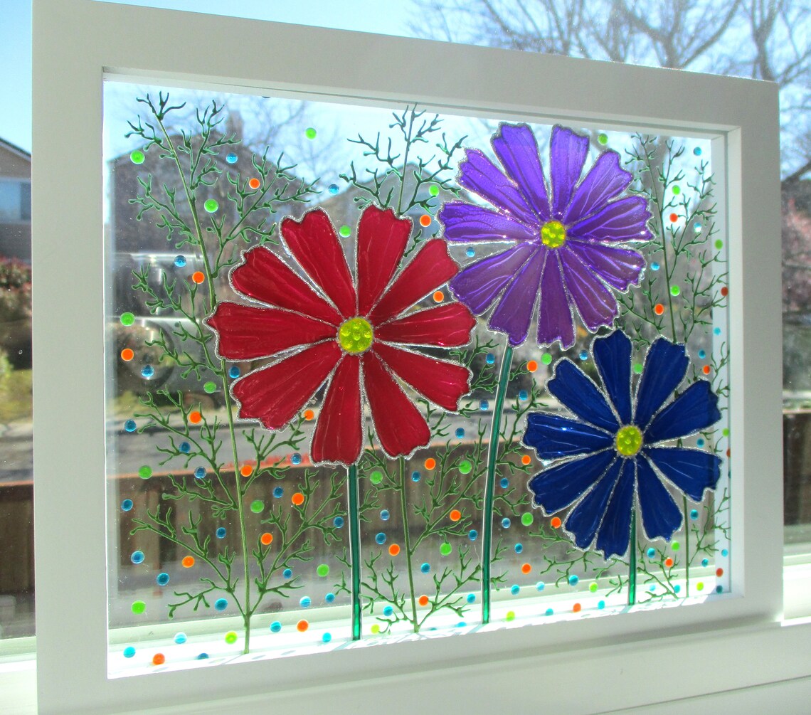 Flowers 11x9 Glass Painting Sun Catcher Stained Glass Glass Etsy