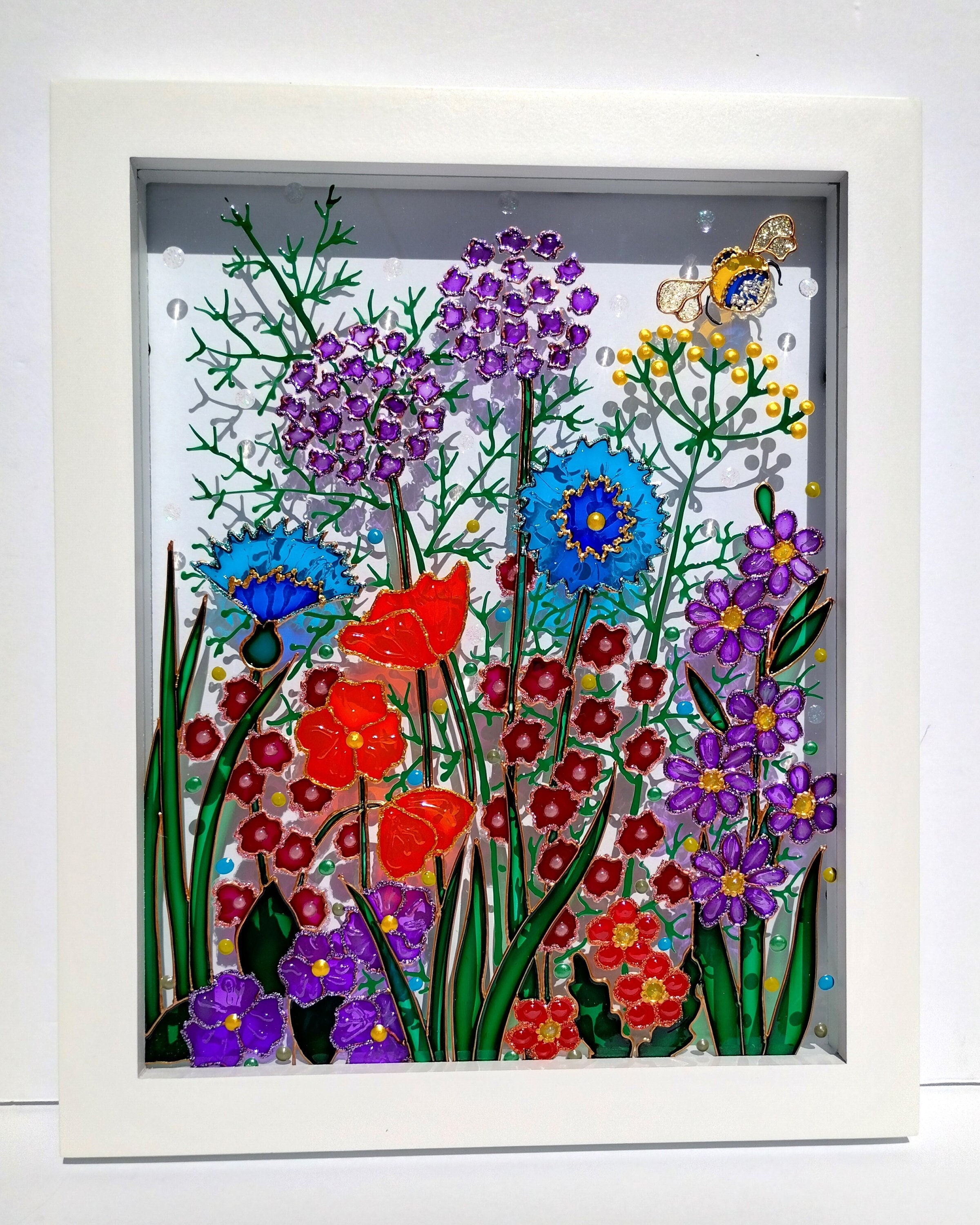 ワイルドフラワーガラス絵画：3Dサンキャッチャー、カラフルな窓用吊り