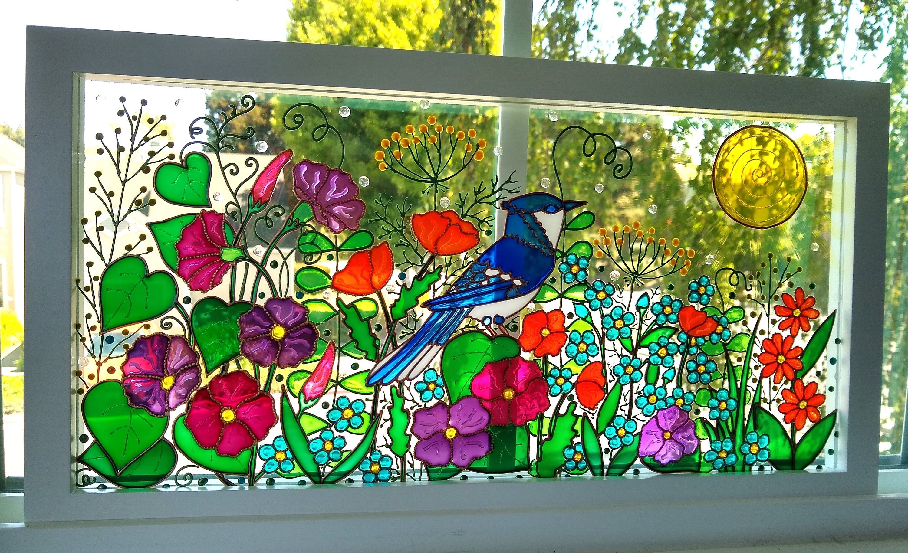 Blue Jay Wild Flowers 17x9 Glass Painting Stained Glass Sun Etsy India