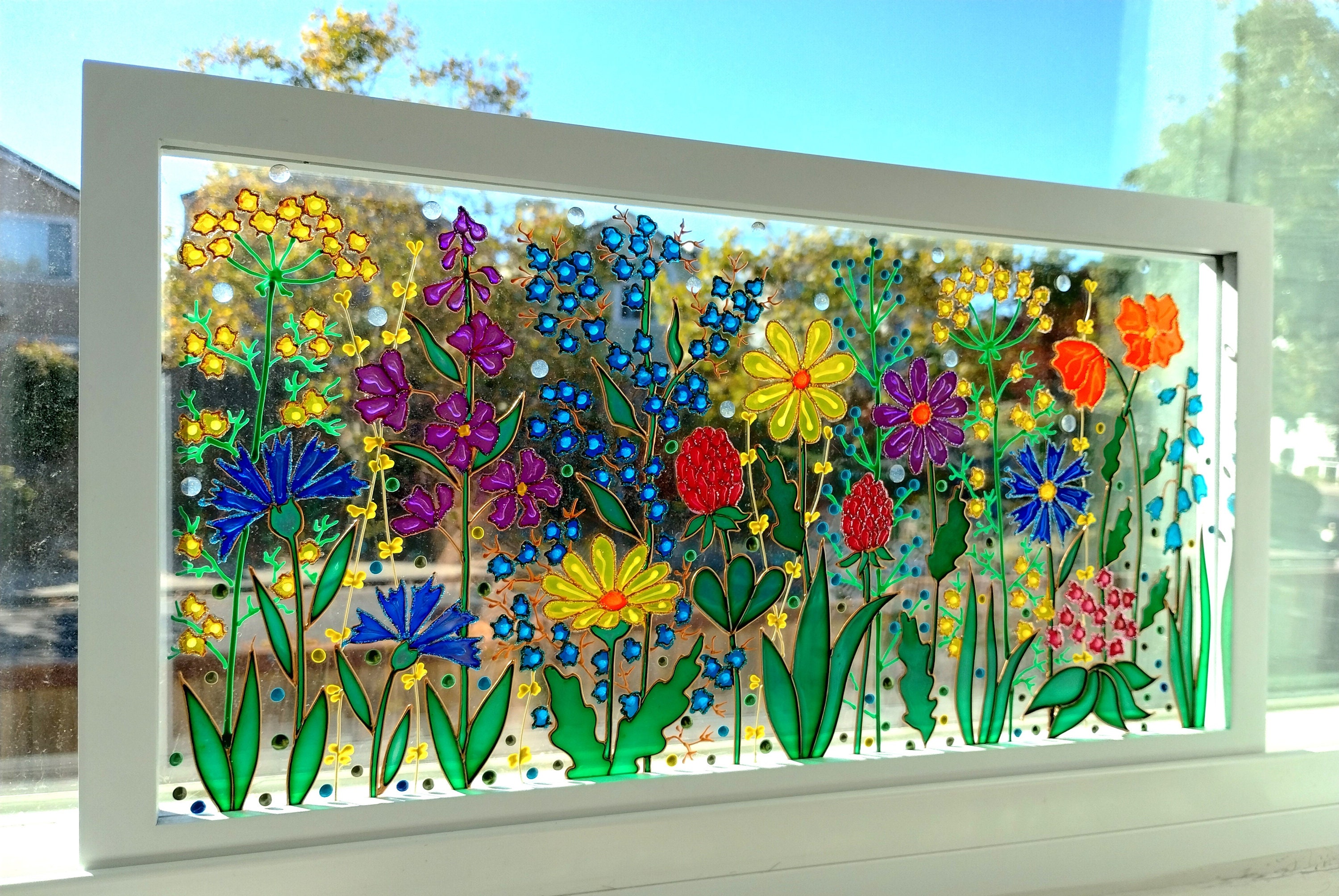 ワイルドフラワーガラス絵画：3Dステンドグラスサンキャッチャー