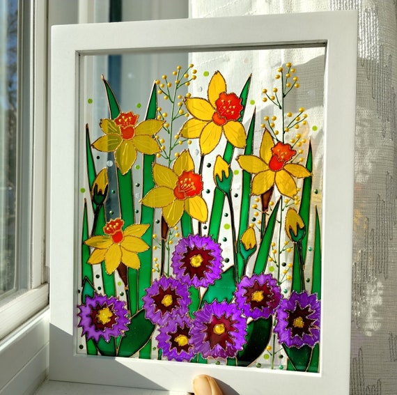 Daffodils 11x9 Glass Painting Sun Catcher Stained Glass Glass Art