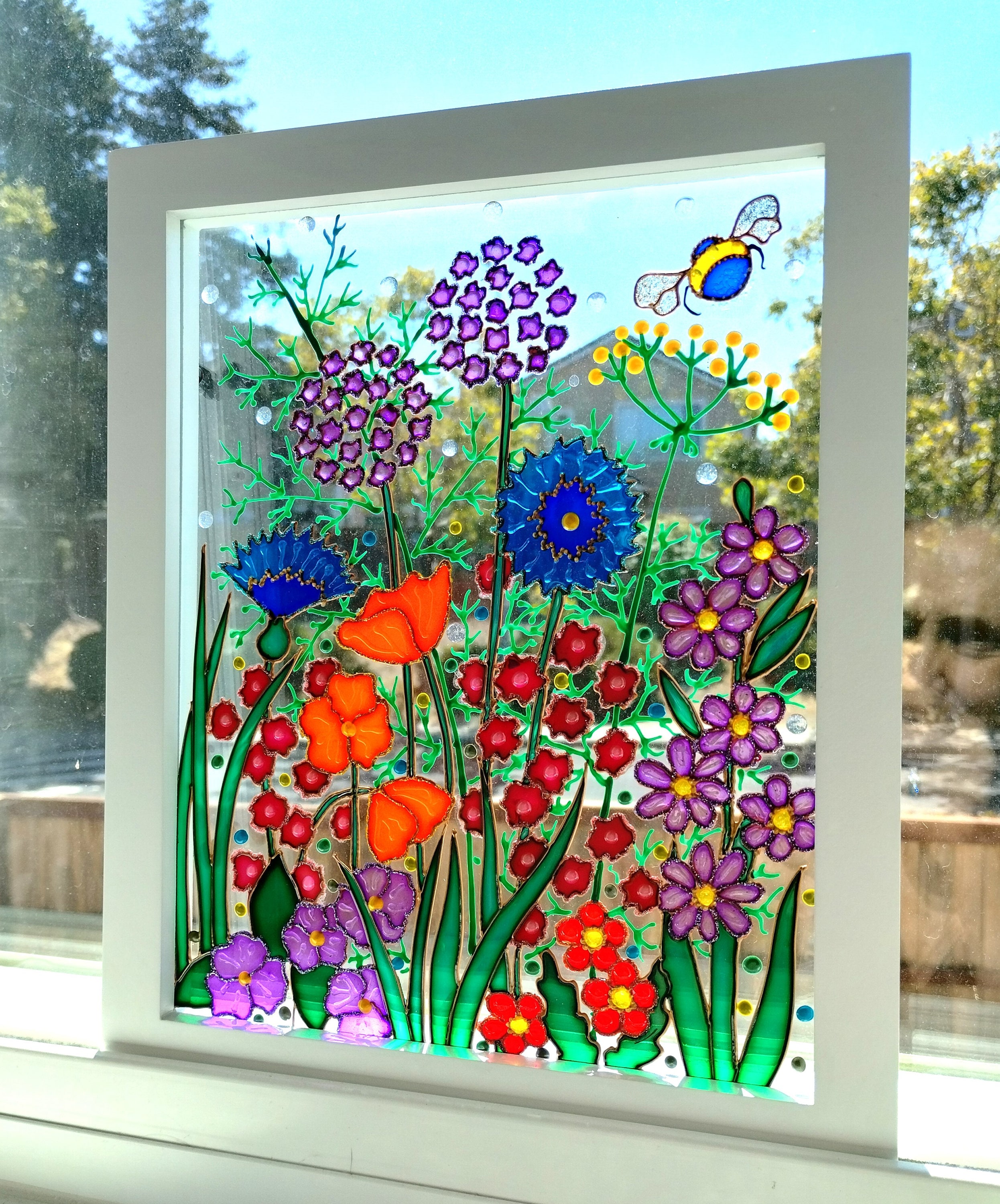 ワイルドフラワーガラス絵画：3Dサンキャッチャー、カラフルな窓用吊り