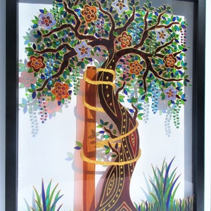 Tree of Life 3D Glass Painting: Modern Bohemian Framed Wall Art (21&quot; x 17&quot;)