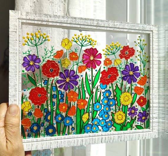ワイルドフラワーガラス絵画：カラフルな花のサンキャッチャー、窓掛け