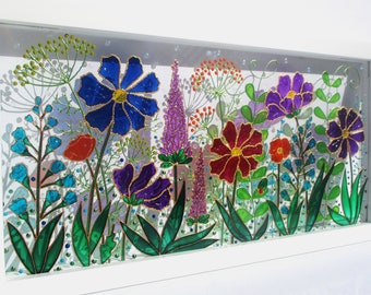 Wildflower Glass Painting: 3D Meadow Window Art (21"x11")