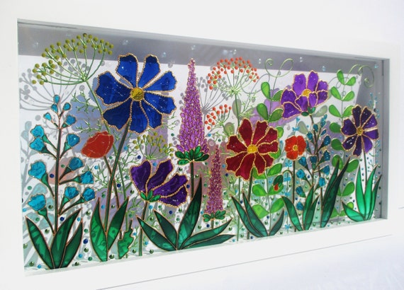 野の花のガラス絵画：3D草原の窓アート（18インチ×10インチ） - Etsy 日本