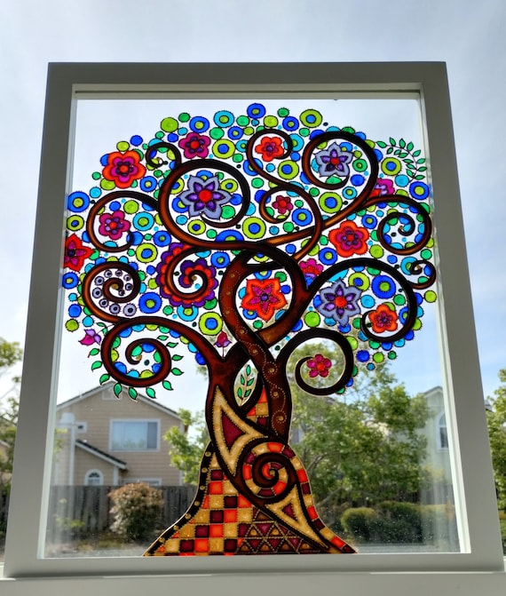 Tree of Life 22x18 Glass Painting Glass Panel Wall Decor Bohemian Decor  Original Art  Modern Art Abstract Landscape Stained Glass 