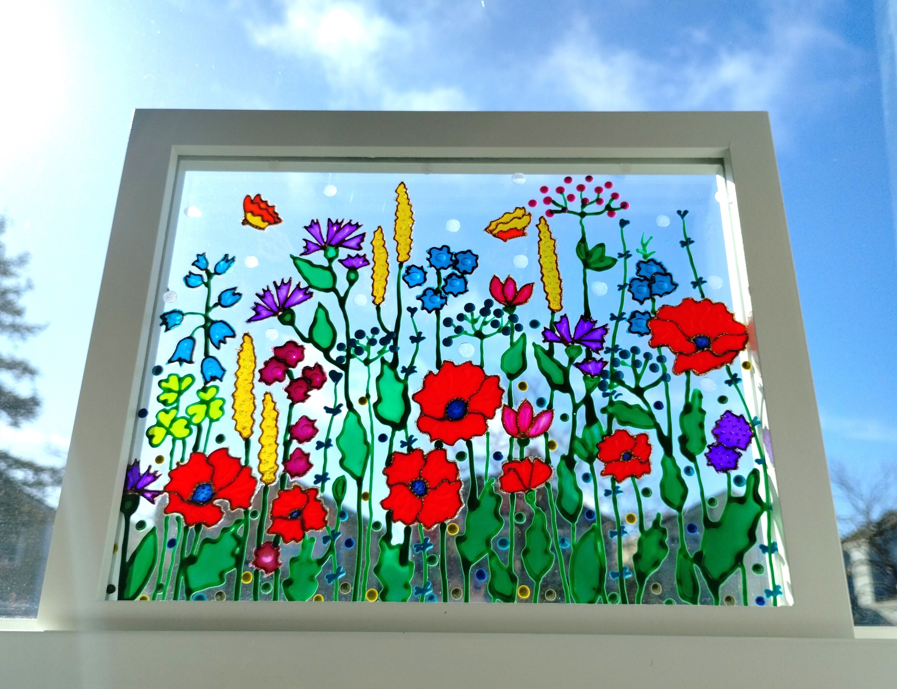 ワイルドフラワーガラス絵画：3Dサンキャッチャー、カラフルな窓用吊り