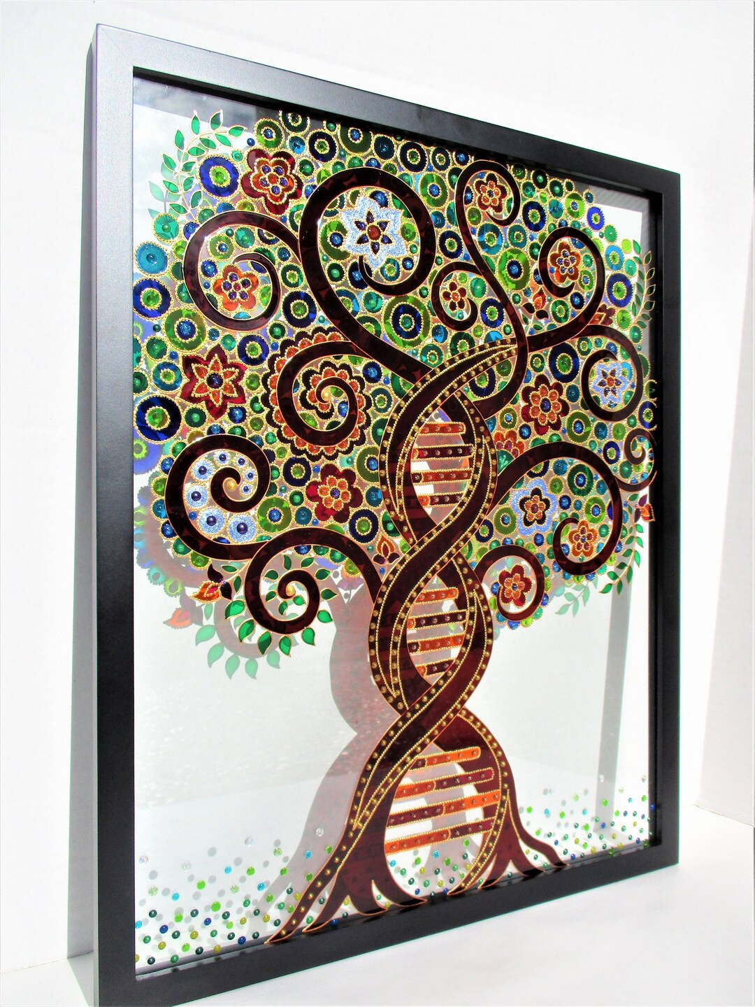 インド民俗絵画ミティーラ画「生命の樹」ガラス額装 インド民俗絵画ミティーラ画「生命の樹」ガラス額装