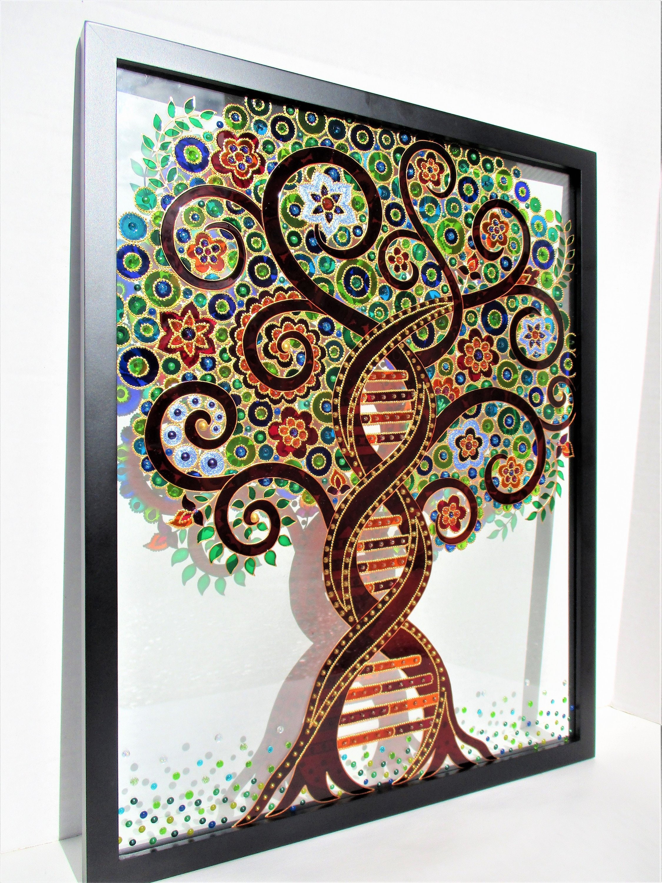 インド民俗絵画ミティーラ画「生命の樹」ガラス額装 インド民俗絵画ミティーラ画「生命の樹」ガラス額装 インド民俗絵画