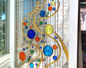 Hand-Painted Glass Art Sun Catcher: Colorful Circles, Flowing Lines, Framed 11"x9"