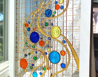 Hand-Painted Glass Art Sun Catcher: Colorful Circles, Flowing Lines, Framed 11"x9"