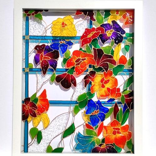 Flower Art Glass Painting Wall Decor Painted Glass Stained Etsy