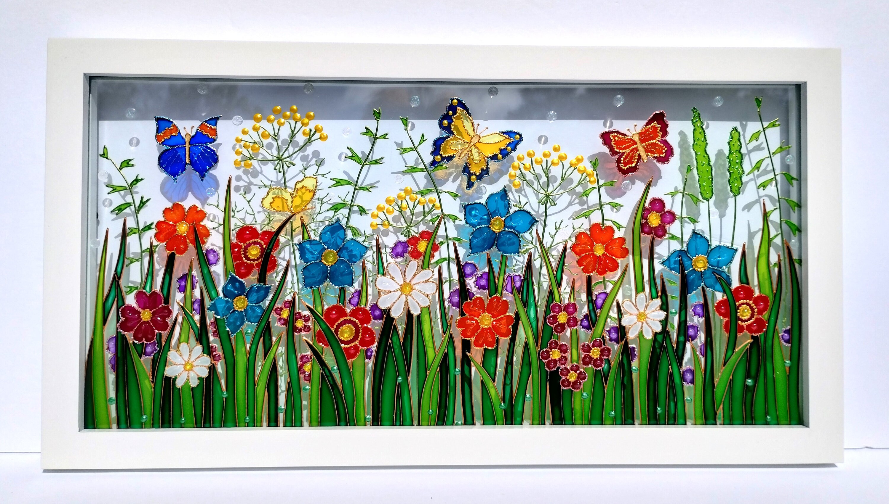 ワイルドフラワーメドウガラス絵画：3Dステンドグラスウィンドウアート