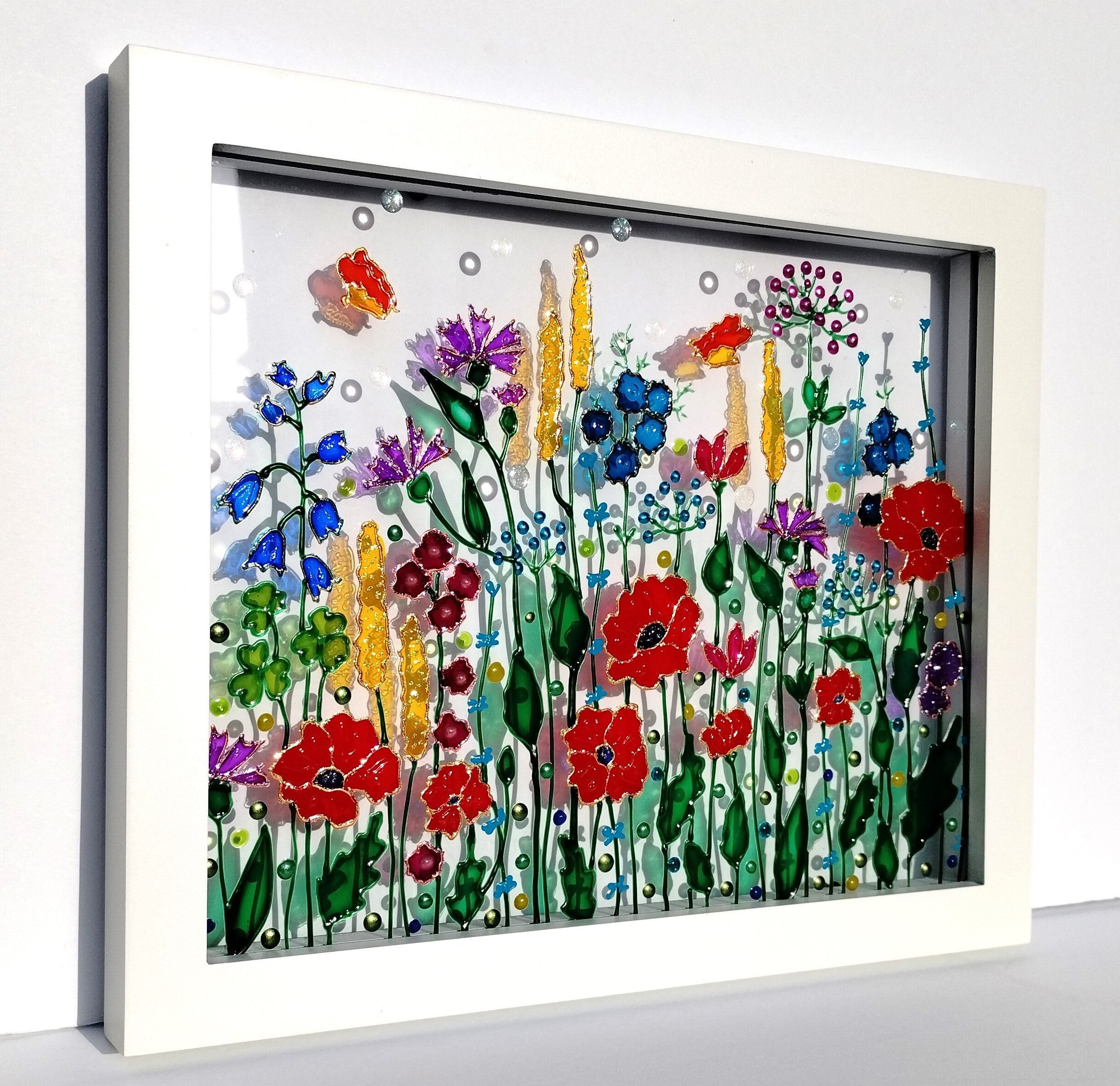 Wildflower Glass Painting: 3D Sun Catcher, Colorful Window Hanging