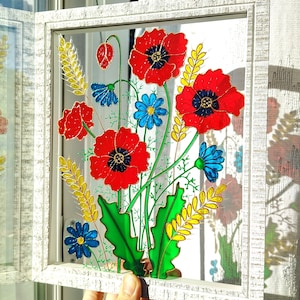 Poppy Wildflowers 3D Glass painting Painted glass Stained glass Sun catcher Etsy Modern art Colorful painting Window decor