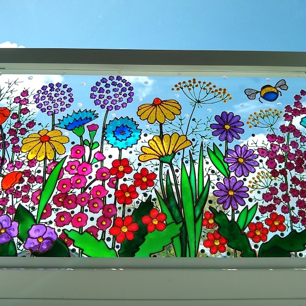 Pintura de vidrio con flores silvestres: Atrapasol floral colorido, arte original, 53 x 28 cm